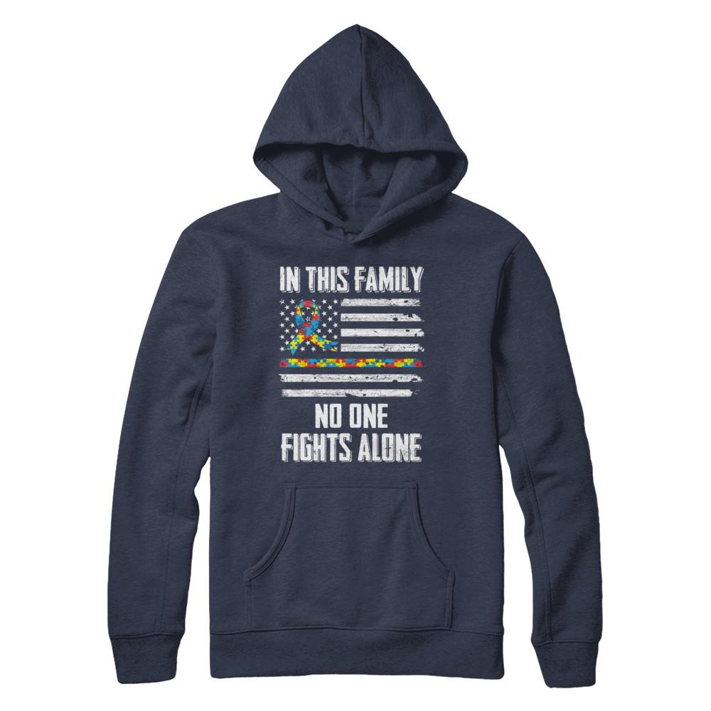 In This Family No One Fights Alone Autism Awareness-T-Shirt & Hoodie-Pullover Hoodie-Navy