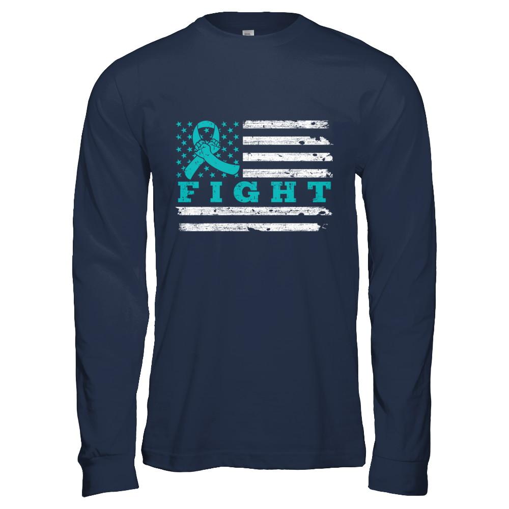 Fight Teal Ribbon US Flag Ovarian Cancer Awareness-T-Shirt & Hoodie-Long Sleeve T-Shirt-Navy