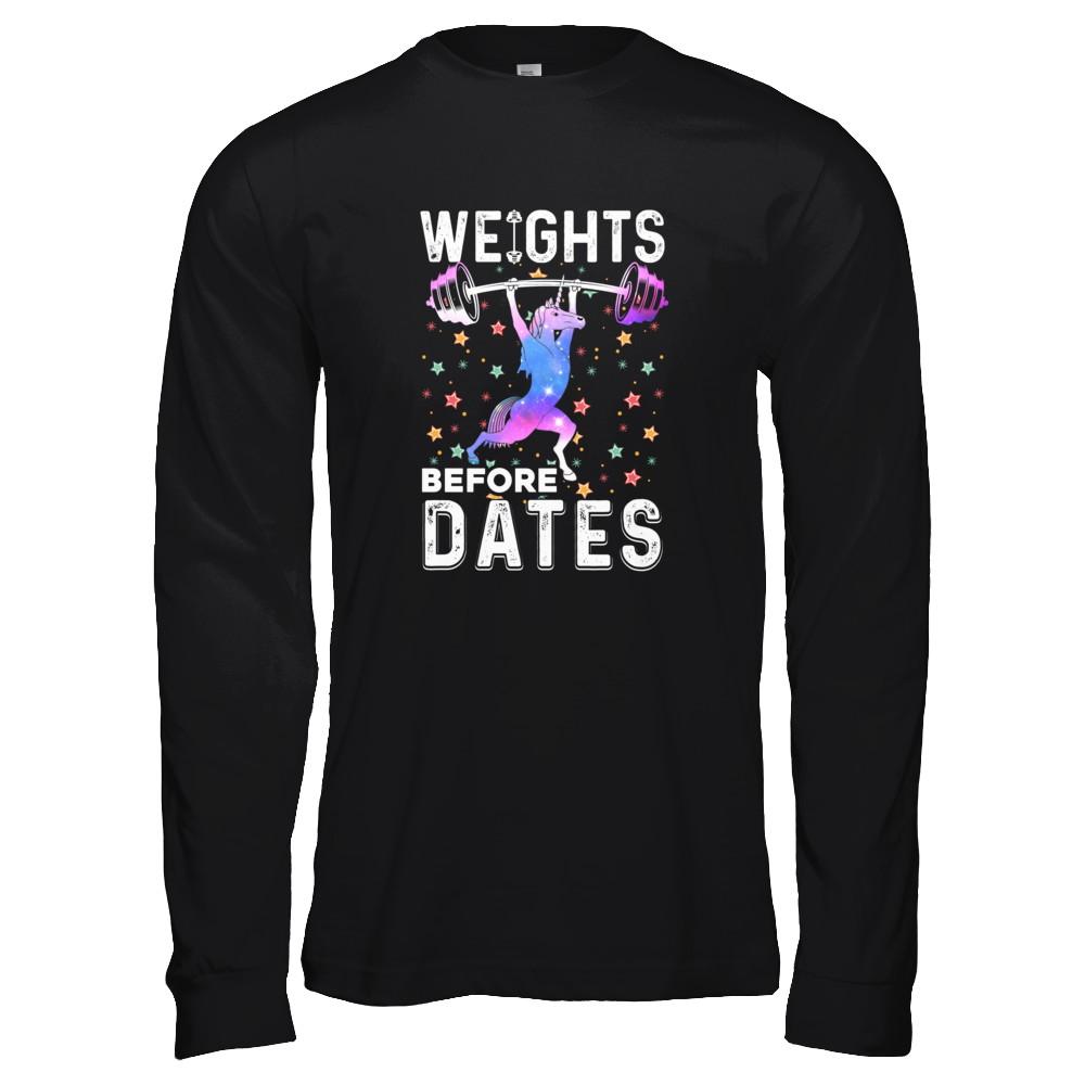 Weights Before Dates Unicorn Gym Weight Lifting-T-Shirt & Tank Top-Long Sleeve T-Shirt-Black