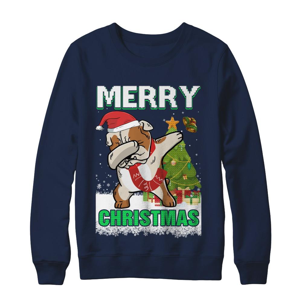 Cute Bulldog Claus Merry Christmas Ugly Sweater-T-Shirt & Sweatshirt-Crewneck Sweatshirt-Navy