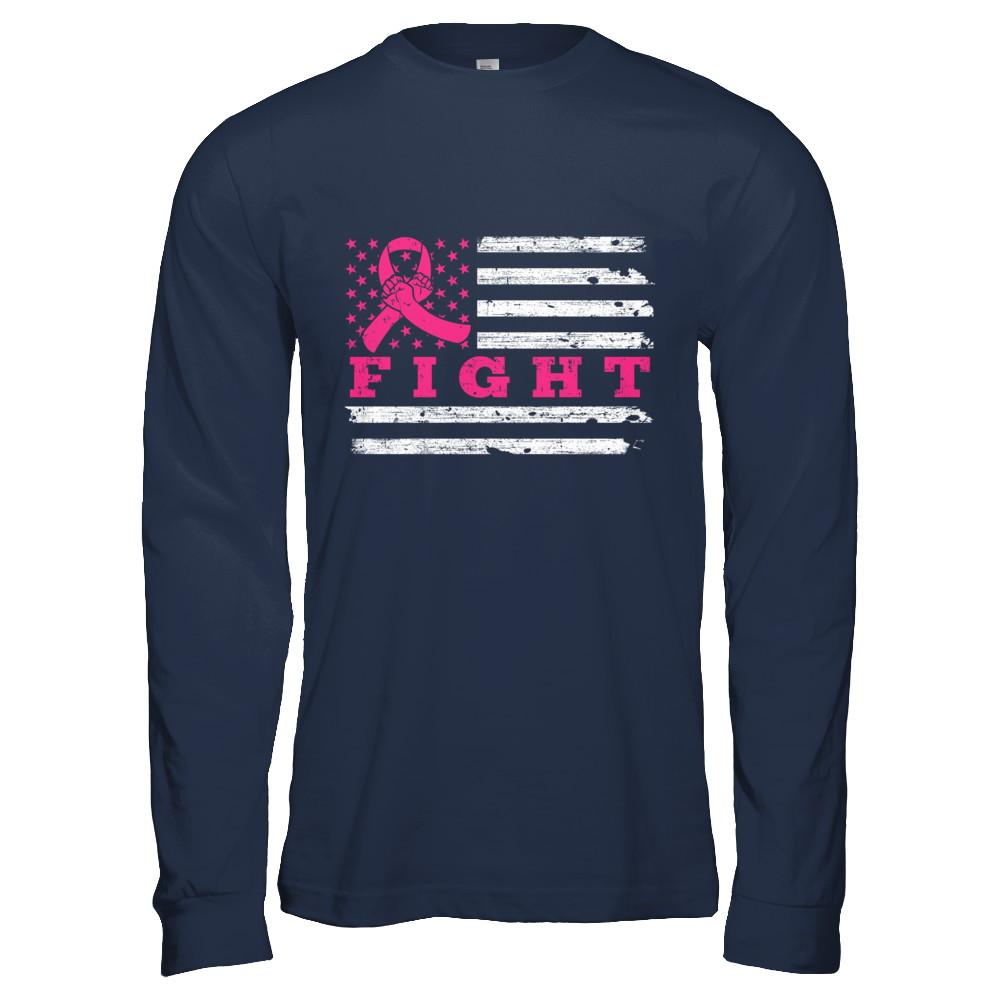 Fight Pink Ribbon US Flag Breast Cancer Awareness-T-Shirt & Hoodie-Long Sleeve T-Shirt-Navy