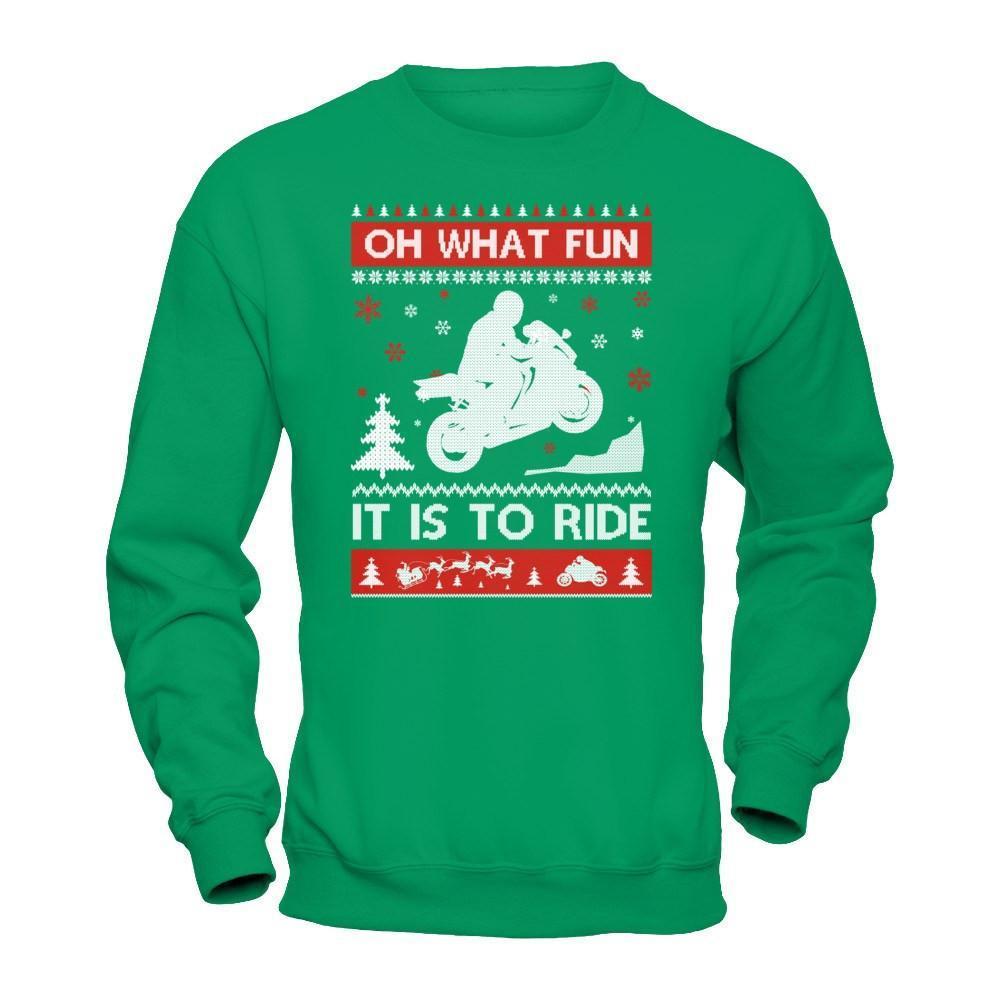 Motorbike Sweater Christmas Oh What Fun It Is To Ride-T-Shirt & Hoodie-Crewneck Sweatshirt-Irish Green