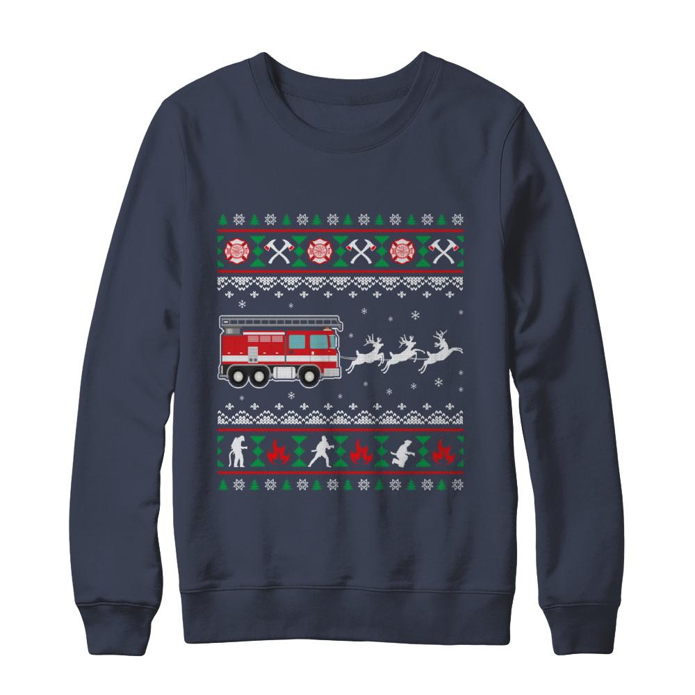 Merry Christmas Firefighter Fireman Ugly Sweater Gift-T-Shirt & Sweatshirt-Crewneck Sweatshirt-Navy