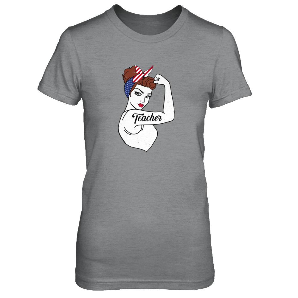 Teacher Vet Strong Woman American Flag Nursing 4Th Of July-T-Shirt & Tank Top-Women's T-Shirt-Sport Grey
