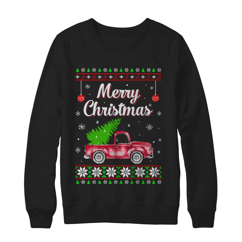 Snow Tree Truck Merry Christmas Ugly Sweater-T-Shirt & Sweatshirt-Crewneck Sweatshirt-Black