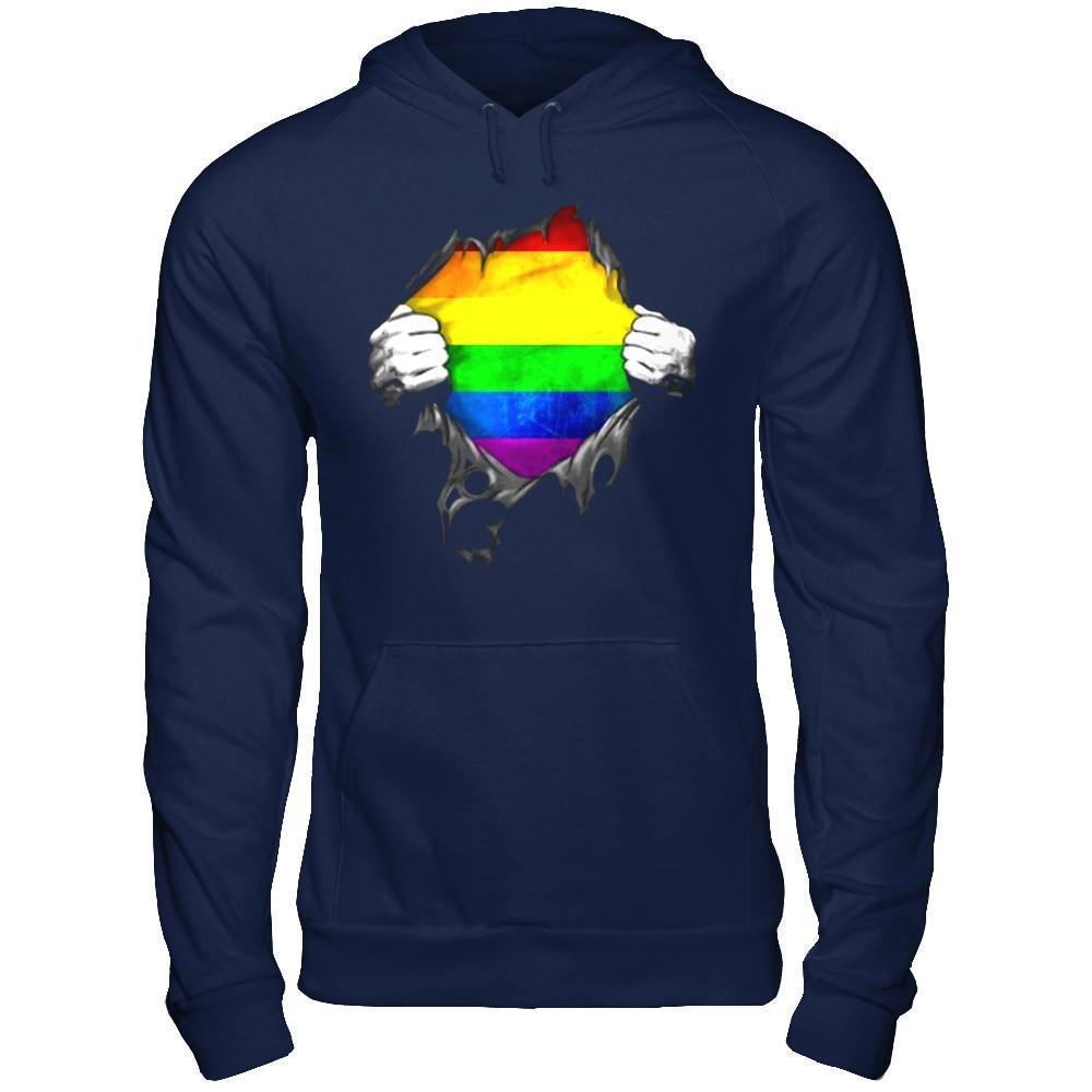 Rainbow Lesbian Gay Pride LGBT Super Stronger-T-Shirt & Hoodie-Pullover Hoodie-Navy