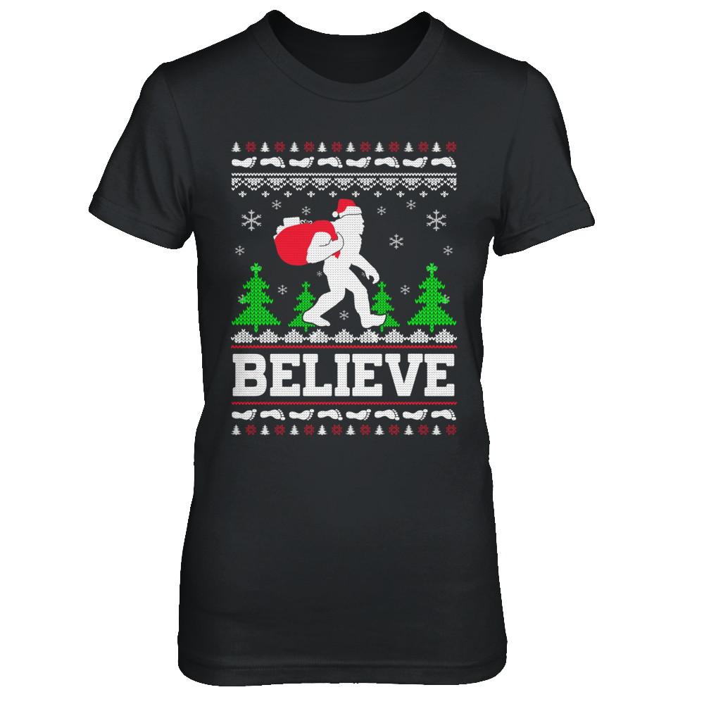 Christmas Believe Bigfoot Ugly Xmas Sweater-T-Shirt & Sweatshirt-Women's T-Shirt-Black