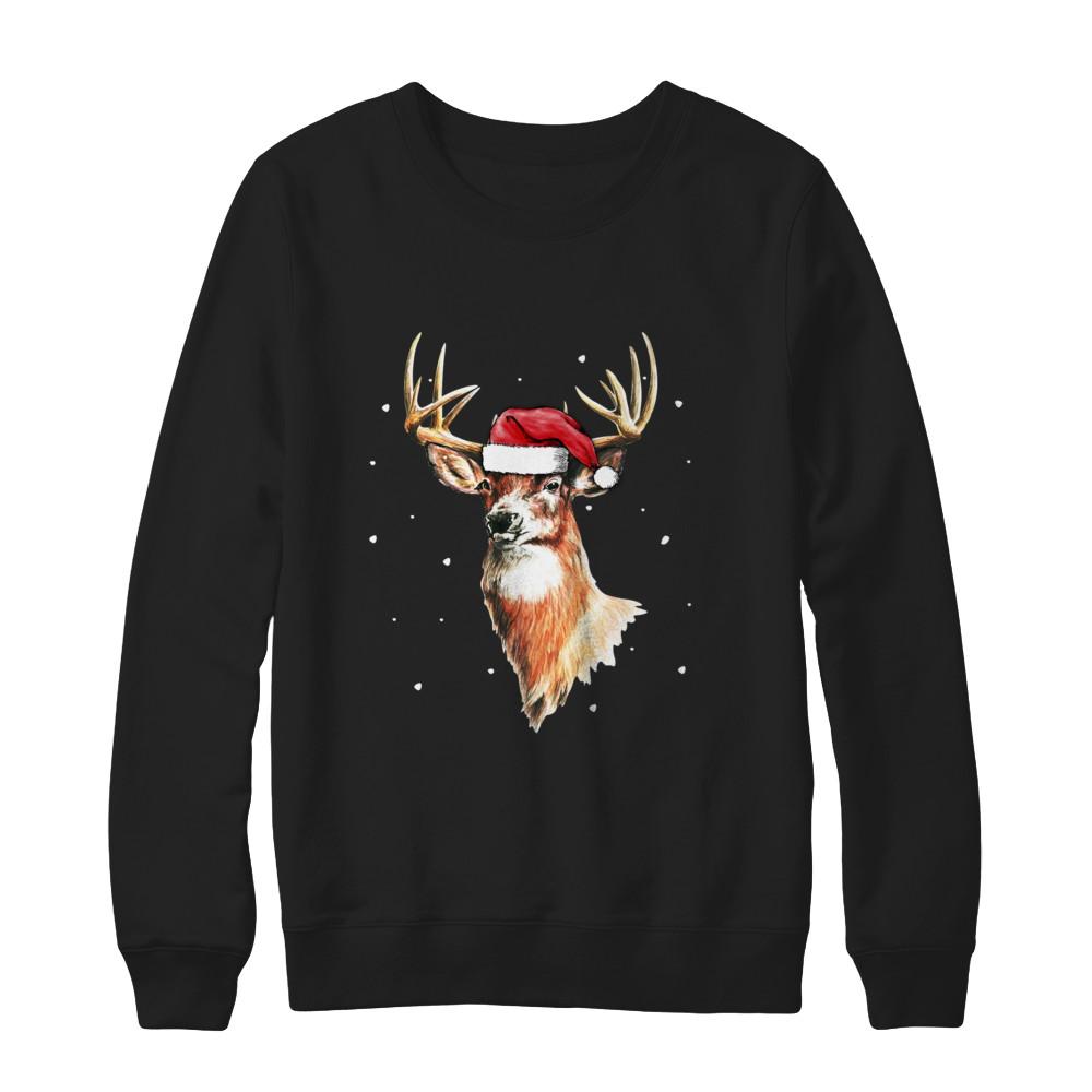 Christmas Pajama Deer With Santa Hat Hunting Hunter-T-Shirt & Sweatshirt-Crewneck Sweatshirt-Black
