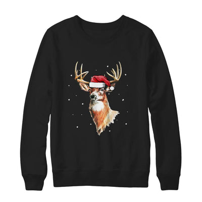 Christmas Pajama Deer With Santa Hat Hunting Hunter-T-Shirt & Sweatshirt-Crewneck Sweatshirt-Black
