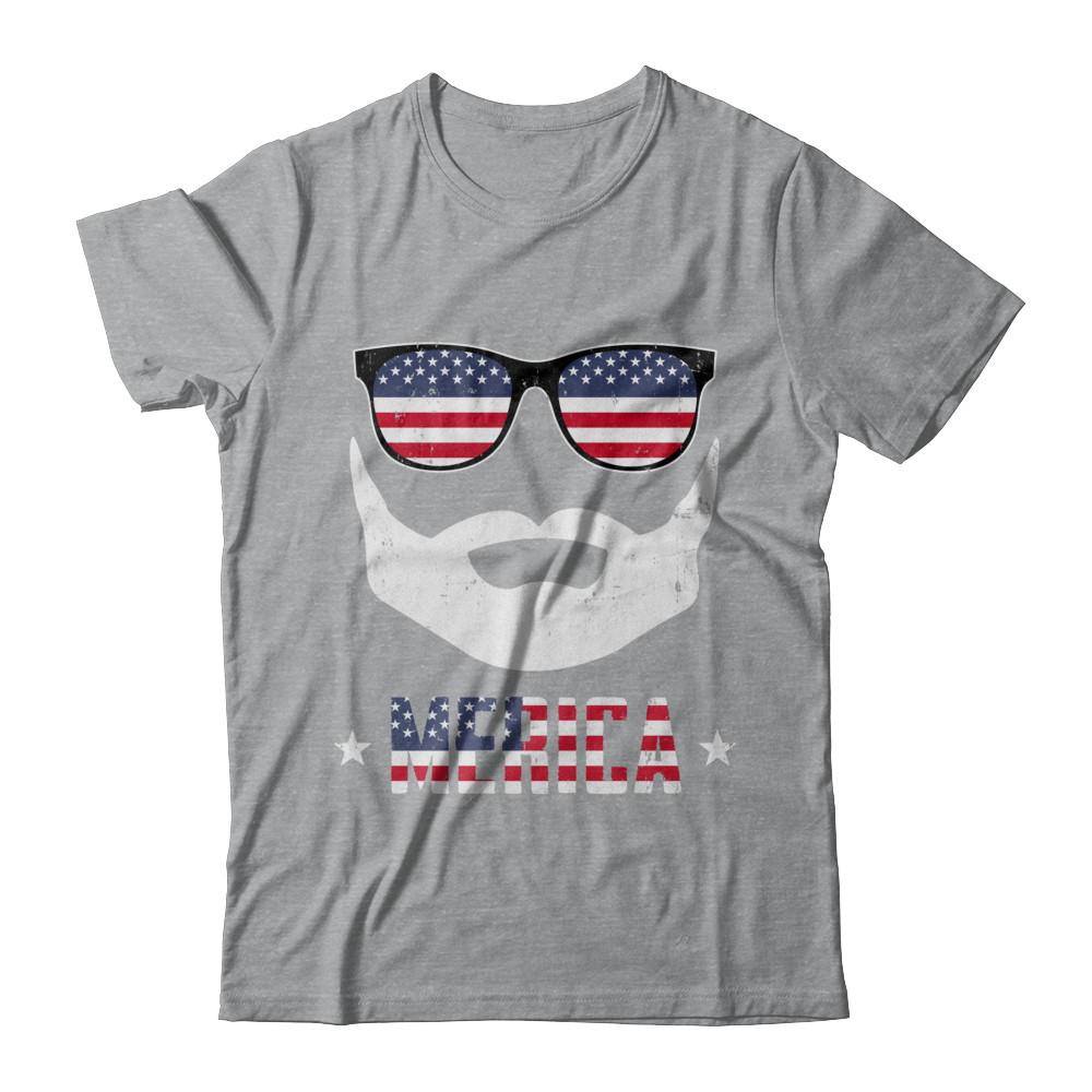 4th of July MERICA America Flag Mustache Dad Bearded-T-Shirt & Hoodie-Classic T-Shirt-Sport Grey