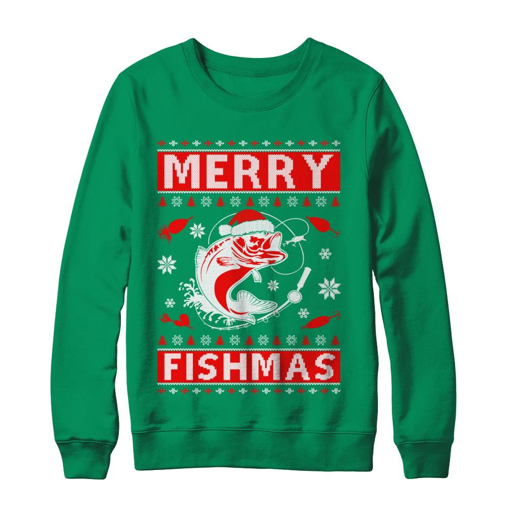 Merry Fishmas Fishing Fish Christmas Sweater-T-Shirt & Sweatshirt-Crewneck Sweatshirt-Irish Green