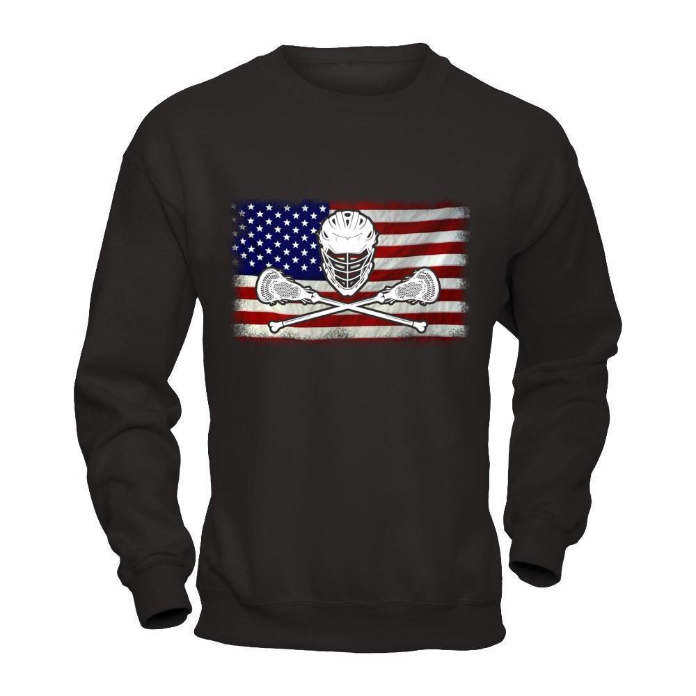 Lacrosse Helmet Crossed America Flag-T-Shirt & Hoodie-Crewneck Sweatshirt-Black