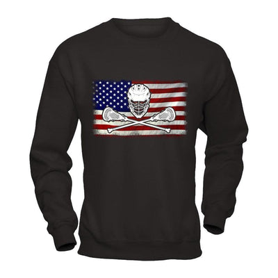 Lacrosse Helmet Crossed America Flag-T-Shirt & Hoodie-Crewneck Sweatshirt-Black