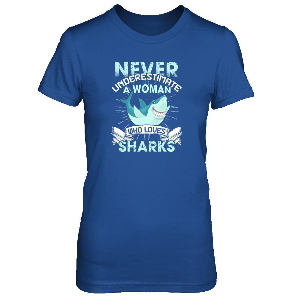 Never Underestimate A Woman Who Loves Shark-T-Shirt & Tank Top-Women's T-Shirt-Royal