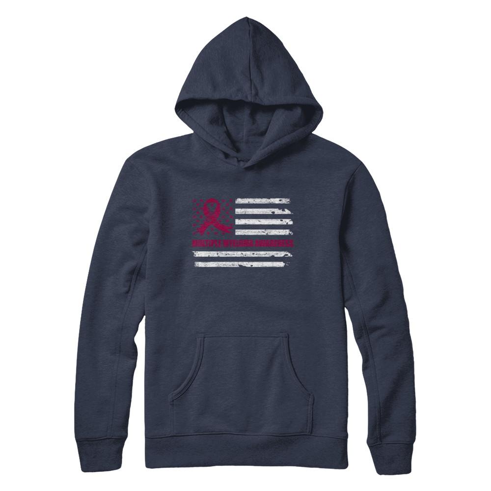 Burgundy Ribbon Multiple Myeloma Awareness US Flag-T-Shirt & Hoodie-Pullover Hoodie-Navy