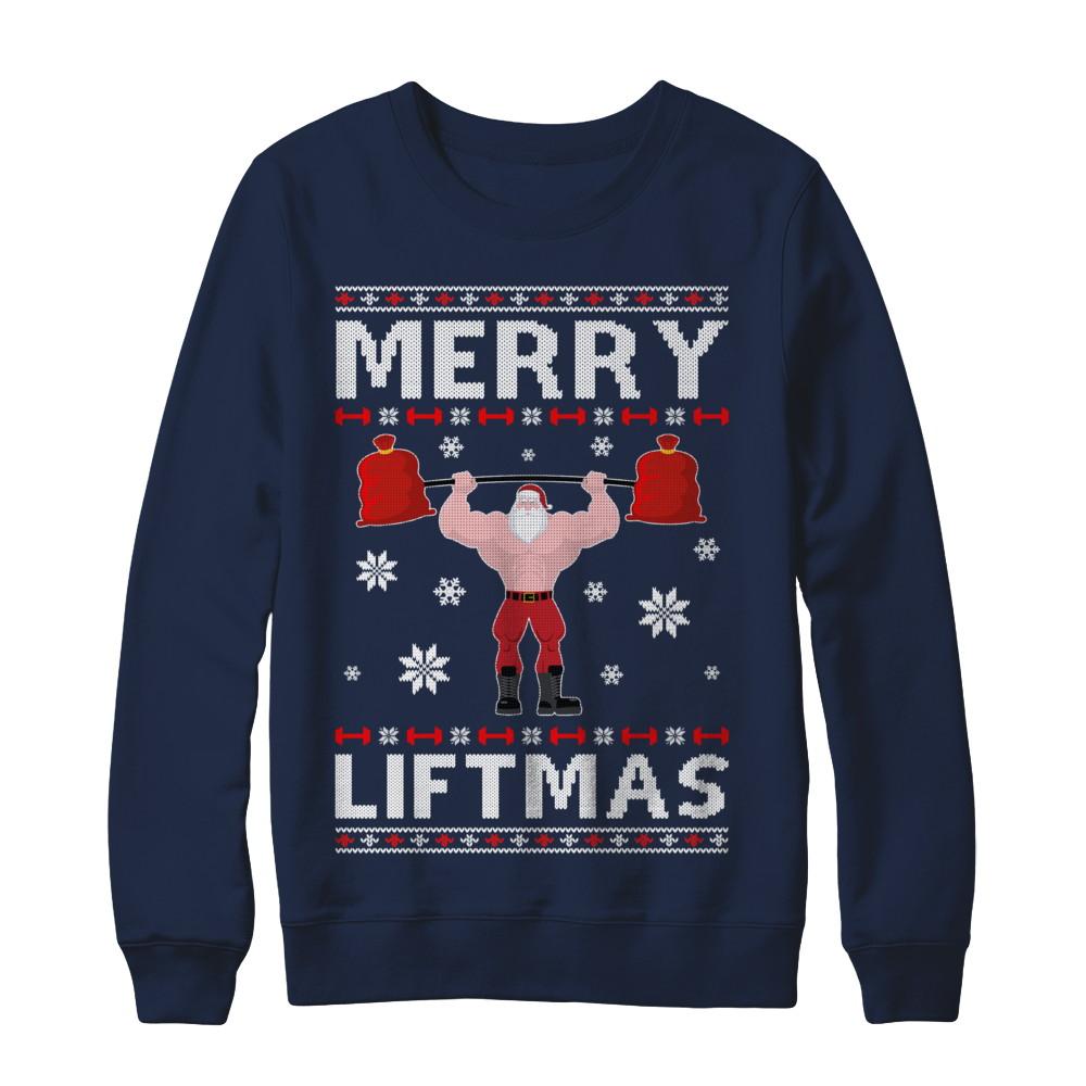 Christmas Merry Liftmas Santa Fitness Gym Ugly Sweater-T-Shirt & Sweatshirt-Crewneck Sweatshirt-Navy