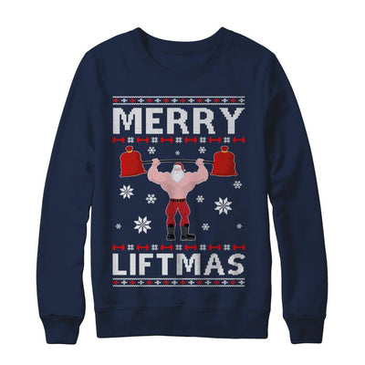 Christmas Merry Liftmas Santa Fitness Gym Ugly Sweater-T-Shirt & Sweatshirt-Crewneck Sweatshirt-Navy