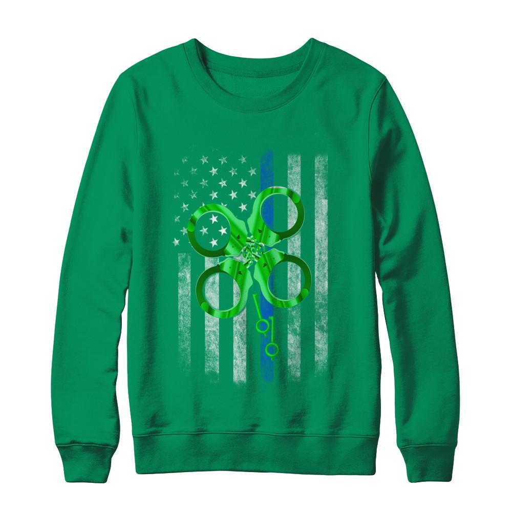 Thin Blue Line Police St Patrick's Day Clover-T-Shirt & Hoodie-Crewneck Sweatshirt-Irish Green