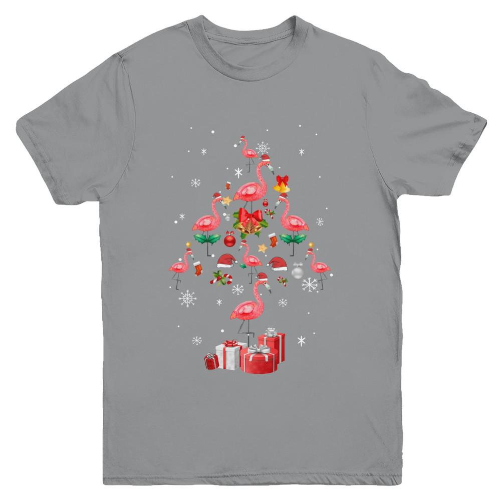Santa Flamingo Christmas Tree Gift Youth-Youth Shirt-Youth T-Shirt-Sport Grey