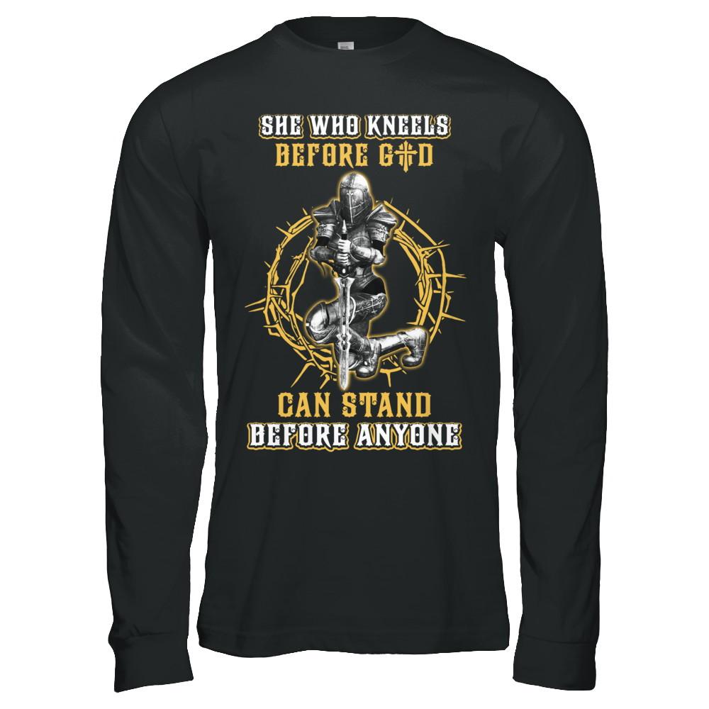 Knight American She Who Kneels Before God Can Stand Before Anyone-T-Shirt & Hoodie-Long Sleeve T-Shirt-Black