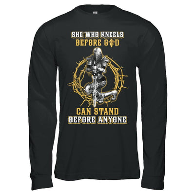 Knight American She Who Kneels Before God Can Stand Before Anyone-T-Shirt & Hoodie-Long Sleeve T-Shirt-Black