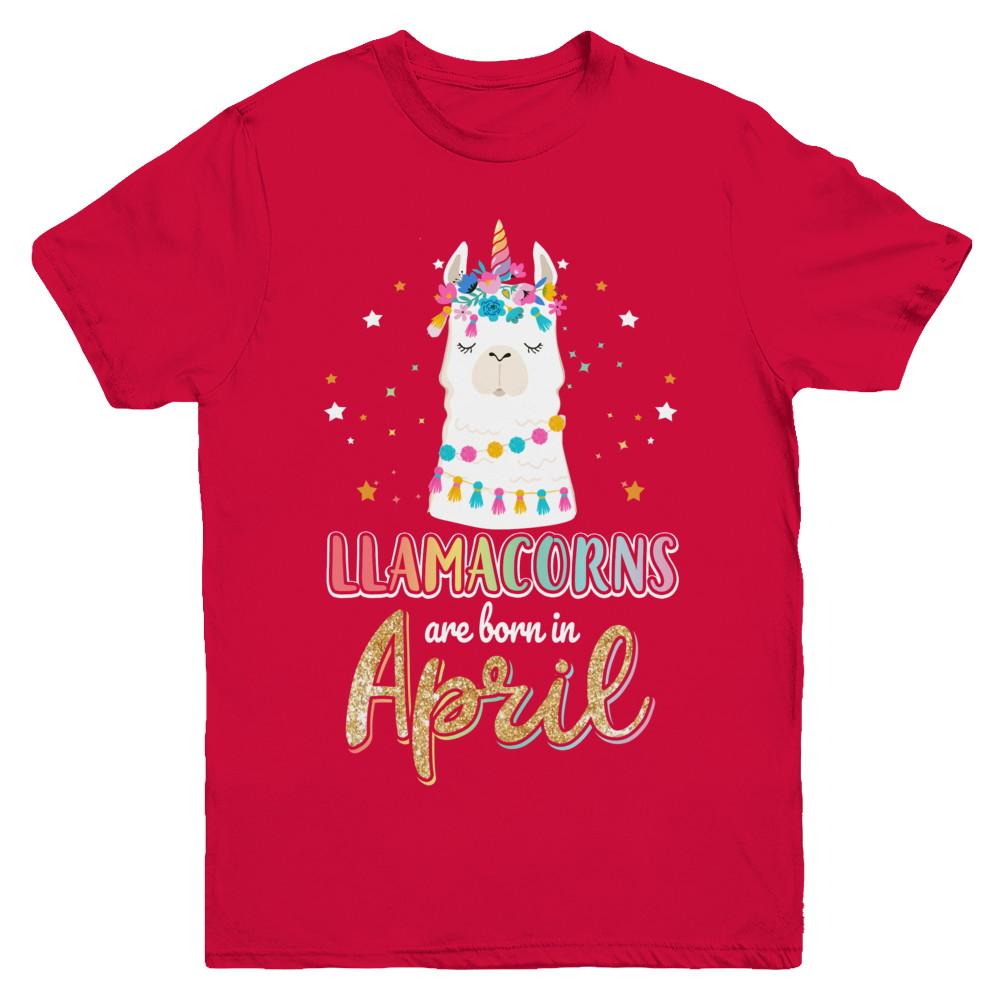 Llama Unicorn Llamacorns Born In April Birthday Gift Youth-Youth Shirt-Youth T-Shirt-Red