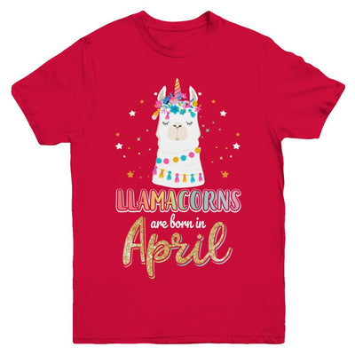 Llama Unicorn Llamacorns Born In April Birthday Gift Youth-Youth Shirt-Youth T-Shirt-Red
