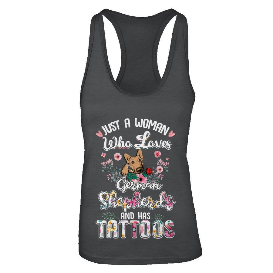 Just A Woman Who Loves German Shepherds And Has Tattoos-T-Shirt & Tank Top-Women's Ideal Racerback Tank-Black