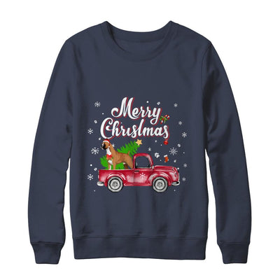 Boxer Retriever Rides Red Truck Christmas Pajama-T-Shirt & Sweatshirt-Crewneck Sweatshirt-Navy