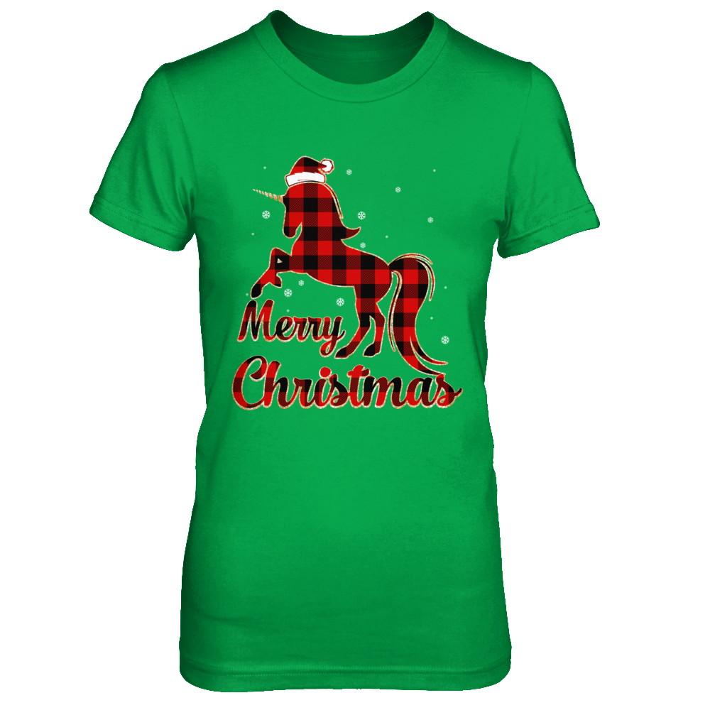 Red Buffalo Plaid Unicorn Merry Christmas-T-Shirt & Sweatshirt-Women's T-Shirt-Irish Green