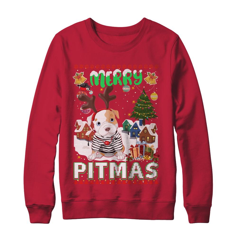 Cute Pitbull Christmas Merry Pigmas Ugly Sweater Christmas-T-Shirt & Sweatshirt-Crewneck Sweatshirt-Red