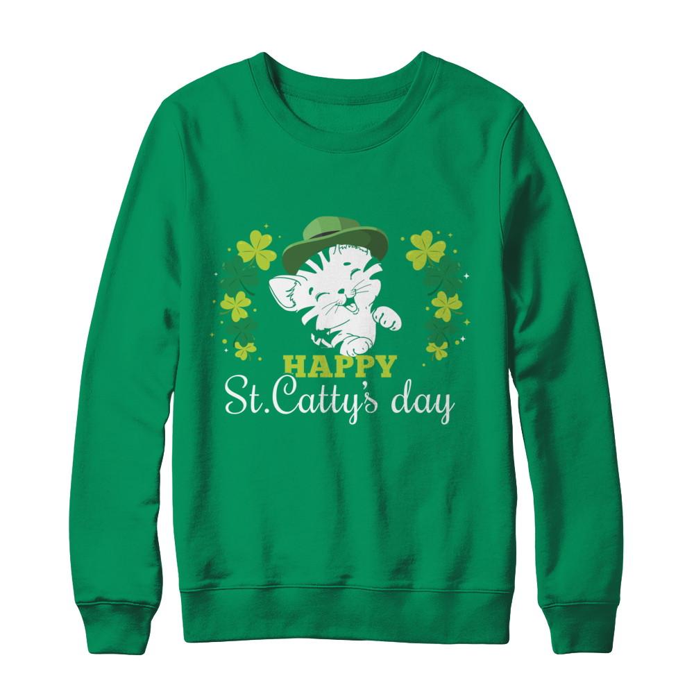 Happy St Catty's Day Saint Patrick's Day Cat-T-Shirt & Hoodie-Crewneck Sweatshirt-Irish Green