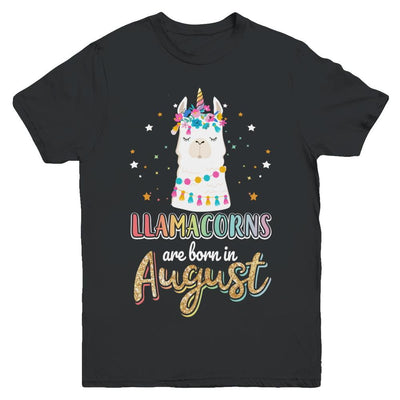 Llama Unicorn Llamacorns Born In August Birthday Gift Youth-Youth Shirt-Youth T-Shirt-Black