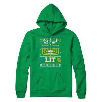 Funny Happy Hanukkah Chanukah Let's Get Lit Ugly Sweater-T-Shirt & Sweatshirt-Pullover Hoodie-Irish Green