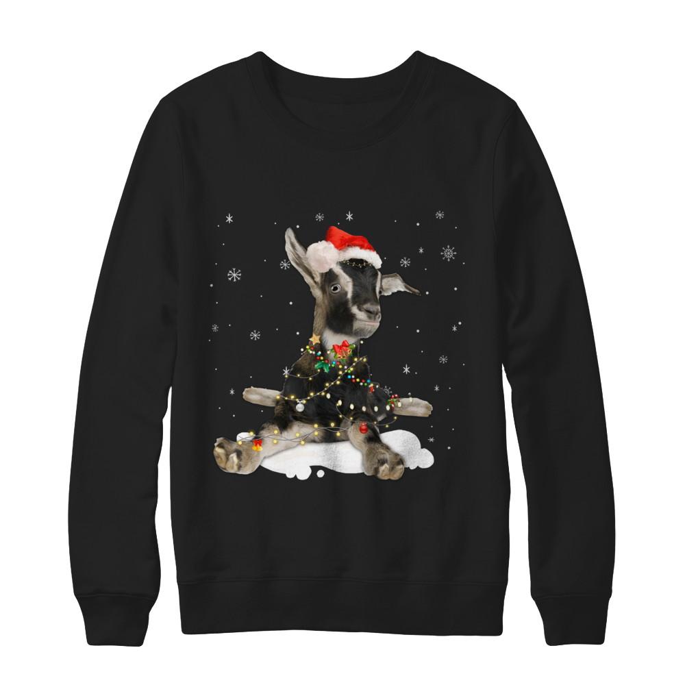 Goat With Santa Hat Lights Christmas-T-Shirt & Sweatshirt-Crewneck Sweatshirt-Black