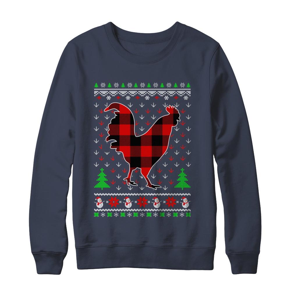 Funny Holiday Chicken Buffalo Plaid Ugly Christmas Sweater-T-Shirt & Sweatshirt-Crewneck Sweatshirt-Navy
