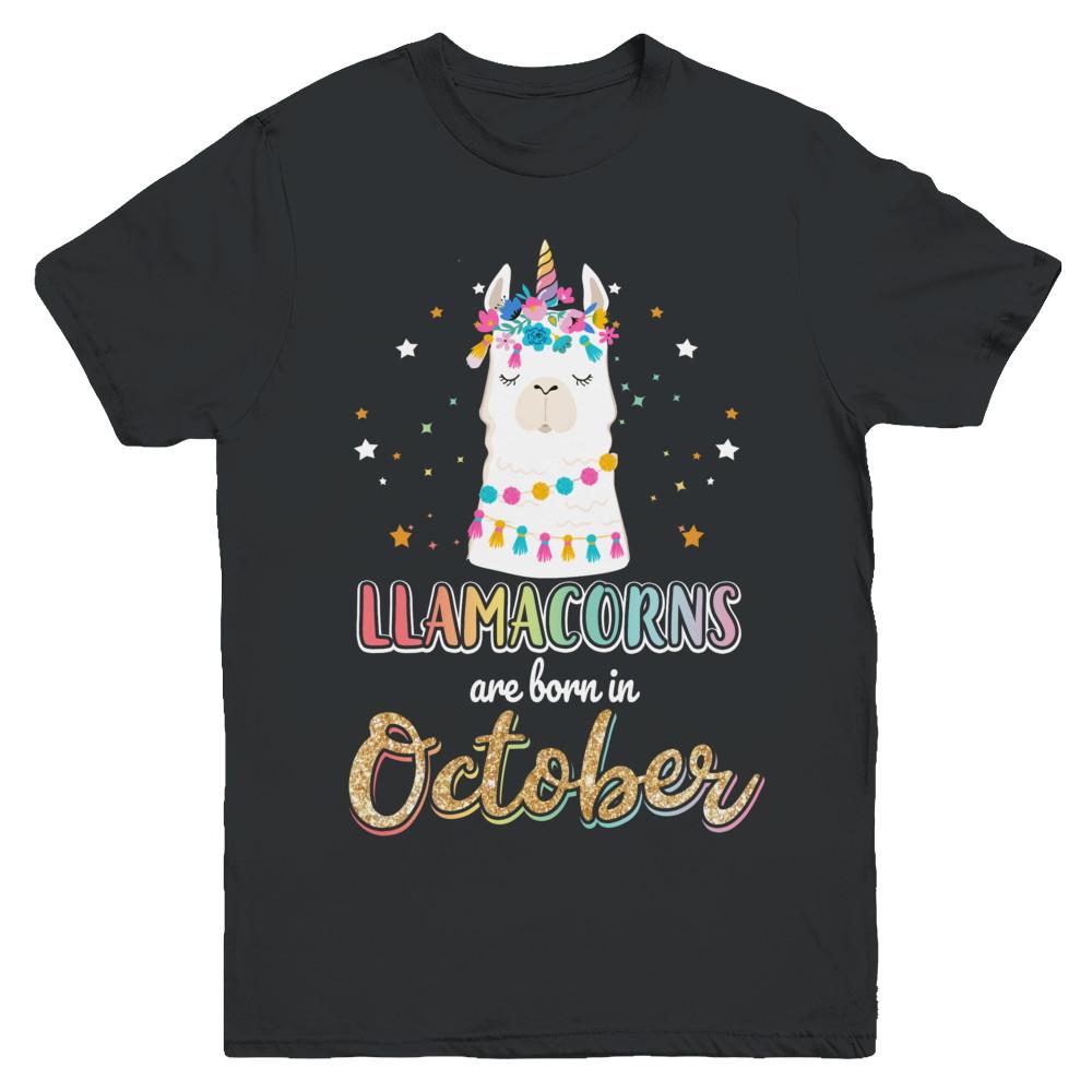 Llama Unicorn Llamacorns Born In October Birthday Gift Youth-Youth Shirt-Youth T-Shirt-Black