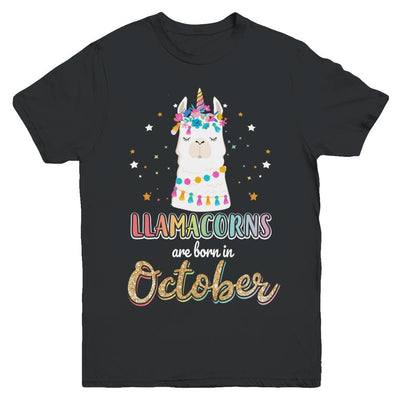 Llama Unicorn Llamacorns Born In October Birthday Gift Youth-Youth Shirt-Youth T-Shirt-Black