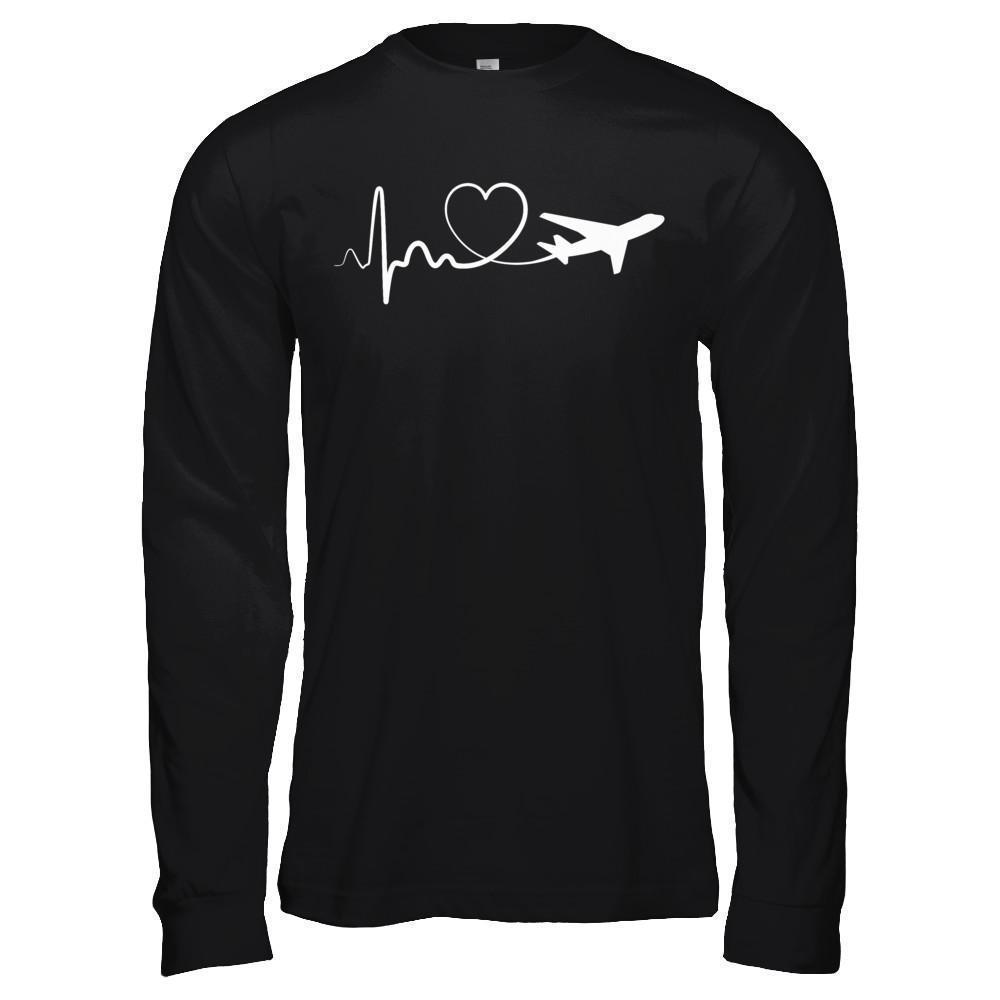 Airplane Fly Flight Planes Heartbeat To Travel Airplane-T-Shirt & Hoodie-Long Sleeve T-Shirt-Black