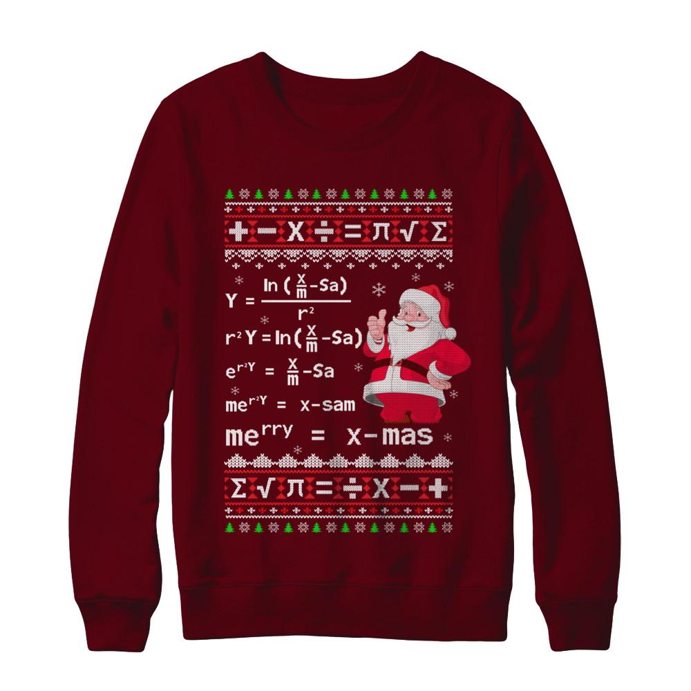 Funny Merry Xmas In Math Ugly Christmas Sweater-T-Shirt & Sweatshirt-Crewneck Sweatshirt-Maroon