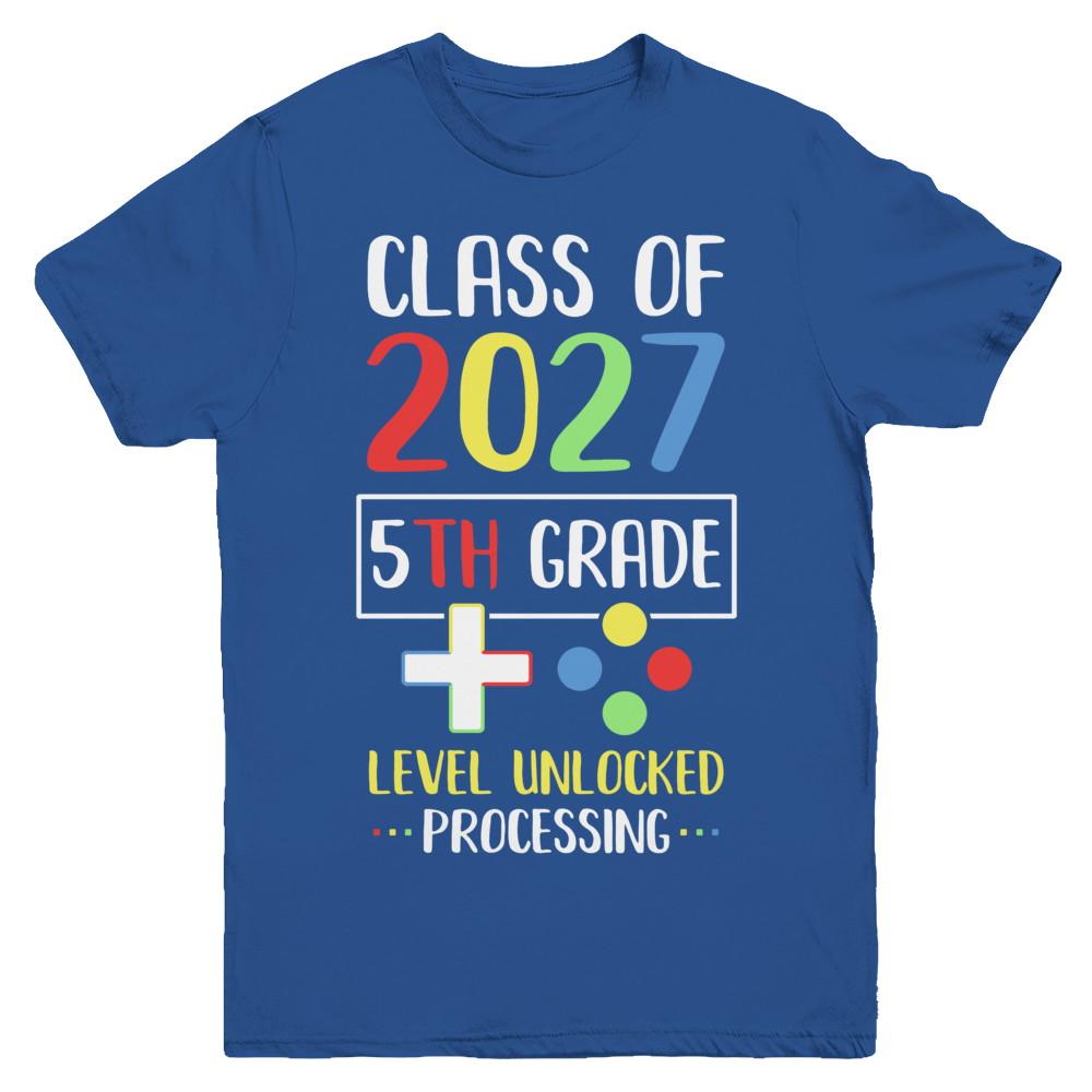 Class Of 2027 5th Grade Level Unlock Gaming Back Go School Youth-Youth Shirt-Youth T-Shirt-Royal