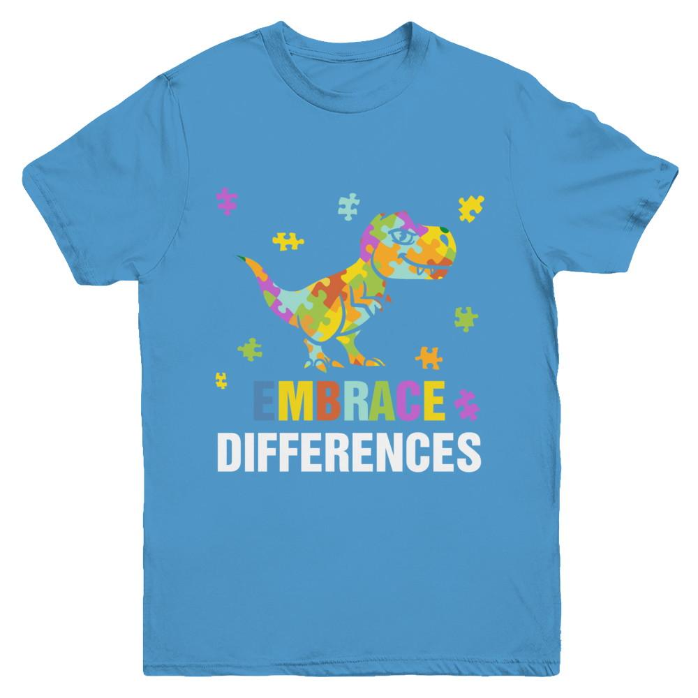 Autism Awareness Puzzle Piece Dinosaur Embrace Differences Youth-Youth Shirt-