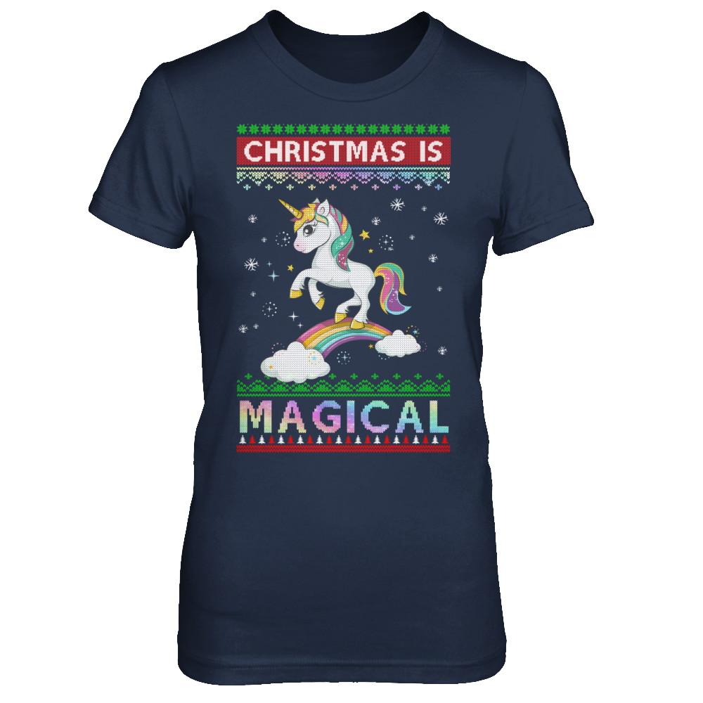 Christmas Is Magical Unicorn Ugly Christmas Sweater-T-Shirt & Sweatshirt-Women's T-Shirt-Navy