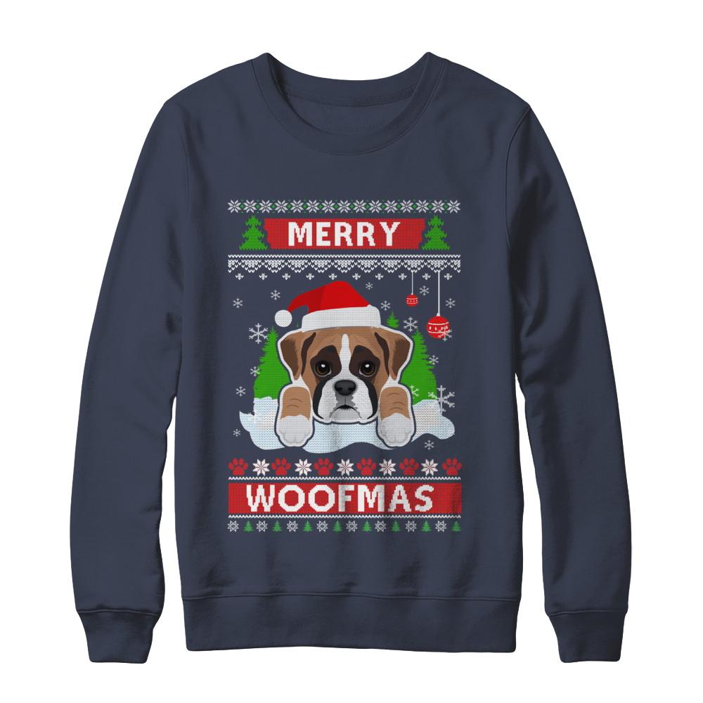 Boxer Merry Woofmas Ugly Christmas Sweater-T-Shirt & Sweatshirt-Crewneck Sweatshirt-Navy