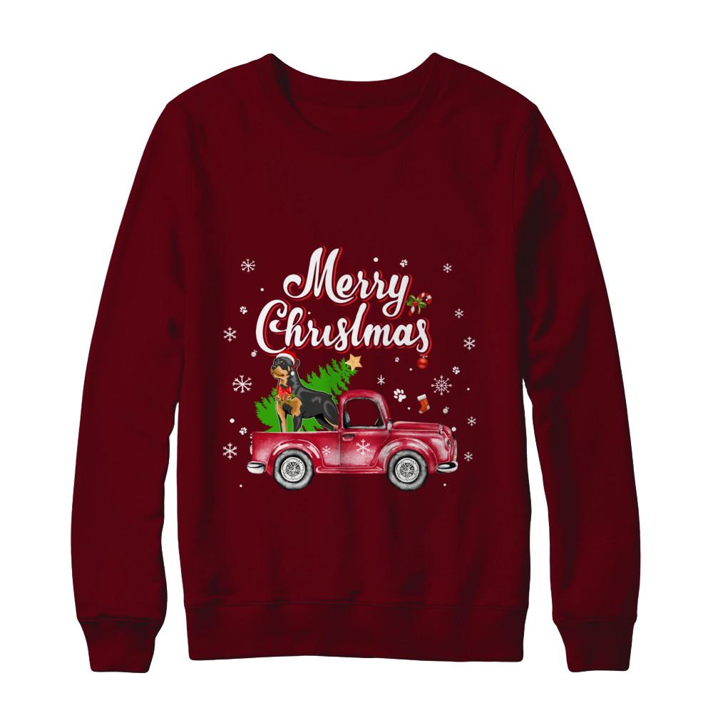 Rottweiler Retriever Rides Red Truck Christmas Pajama-T-Shirt & Sweatshirt-Crewneck Sweatshirt-Maroon