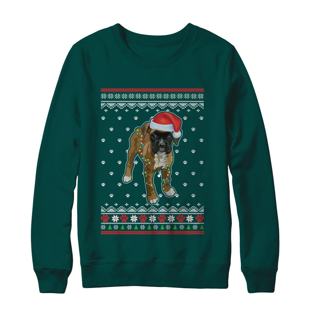 Boxer Christmas Ugly Sweater Lights Dog Xmas Gift-T-Shirt & Sweatshirt-Crewneck Sweatshirt-Deep Forest