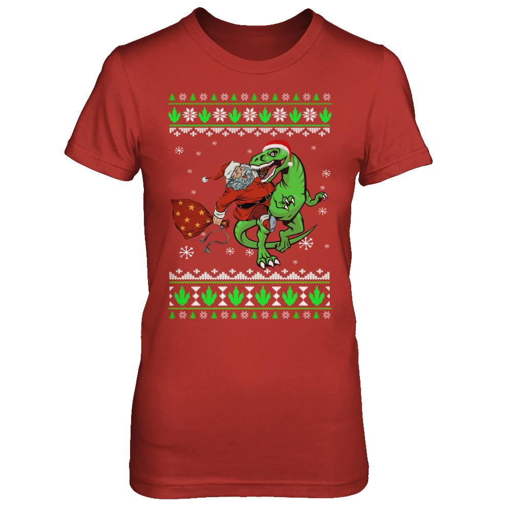 Santa Riding Dinosaur T-Rex Ugly Christmas Sweater-T-Shirt & Sweatshirt-Women's T-Shirt-Red