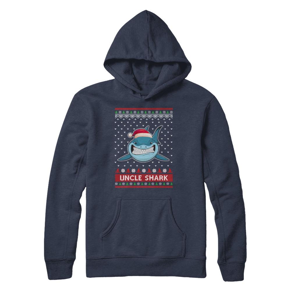 Santa Hat Uncle Shark Ugly Christmas Sweater-T-Shirt & Sweatshirt-Pullover Hoodie-Navy
