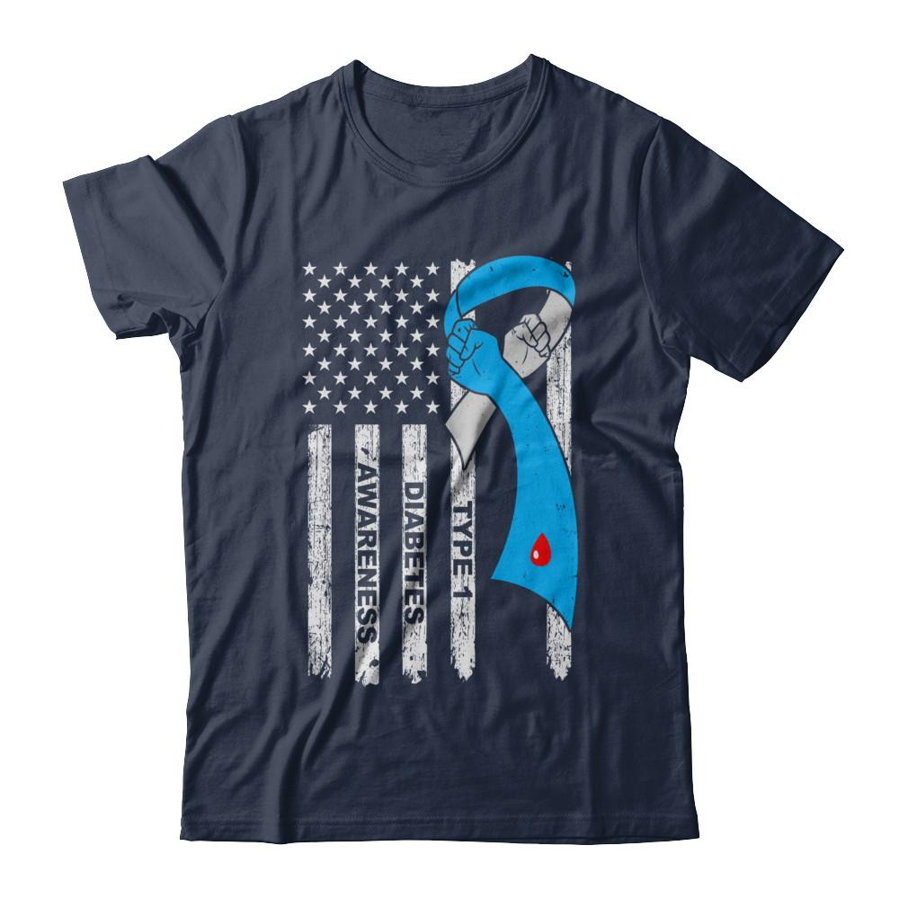Type 1 Diabetes Awareness Support T1D Flag Ribbon-T-Shirt & Hoodie-Classic T-Shirt-Navy