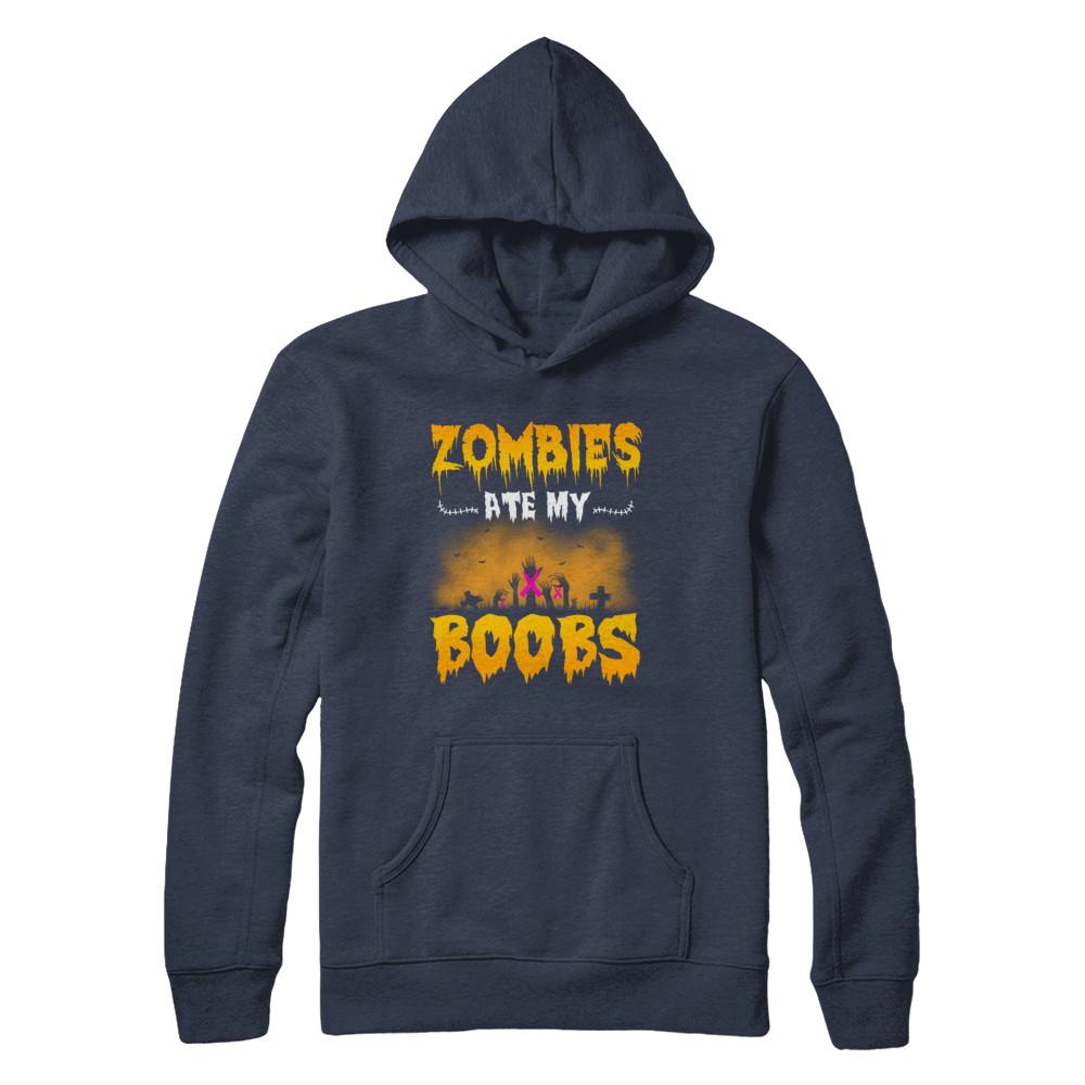 Zombies Ate My Boobs Breast Cancer Pink Halloween-T-Shirt & Hoodie-Pullover Hoodie-Navy